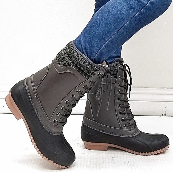 New Gray Sweater Lace Mid-Calf Snow Duck Boots - Picture 2 of 4